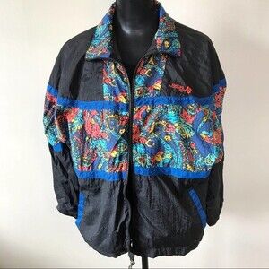 Vintage Adolfo Windbreaker Jacket 80s 90s Y2K Colorful Full Zip Black Red Medium